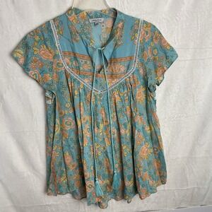 White Birch Size Small Rayon Flowy Boho Blouse Green Peasant Blouse Short Sleeve